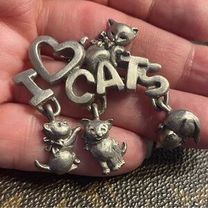 Vintage pewter "I Love Cats" brooch made by the company Spoontiques